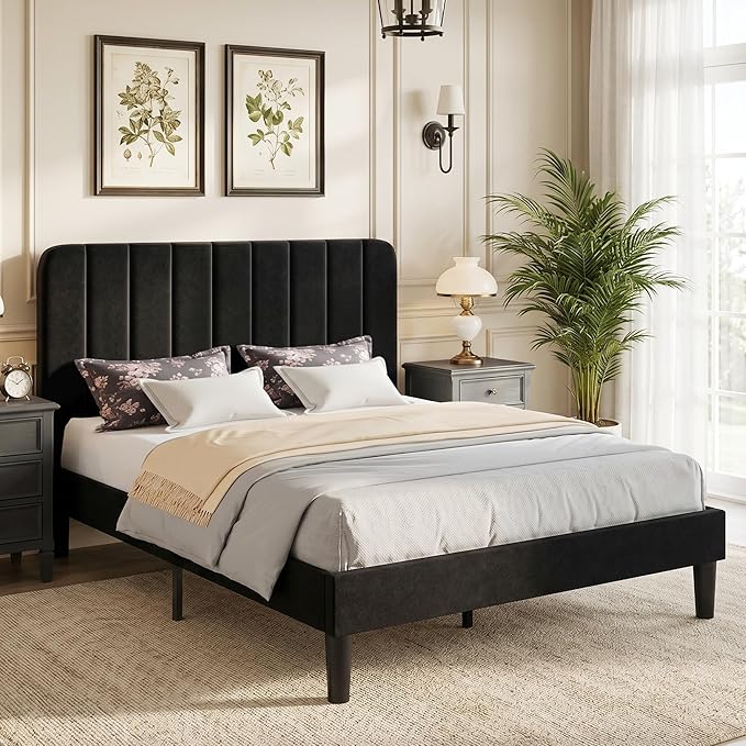 VECELO Queen Size Bed Frame with Upholstered Headboard, Velvet Platform Bedframe Mattress Foundation, Strong Wood Slat Support, No Box Spring Needed,Black
