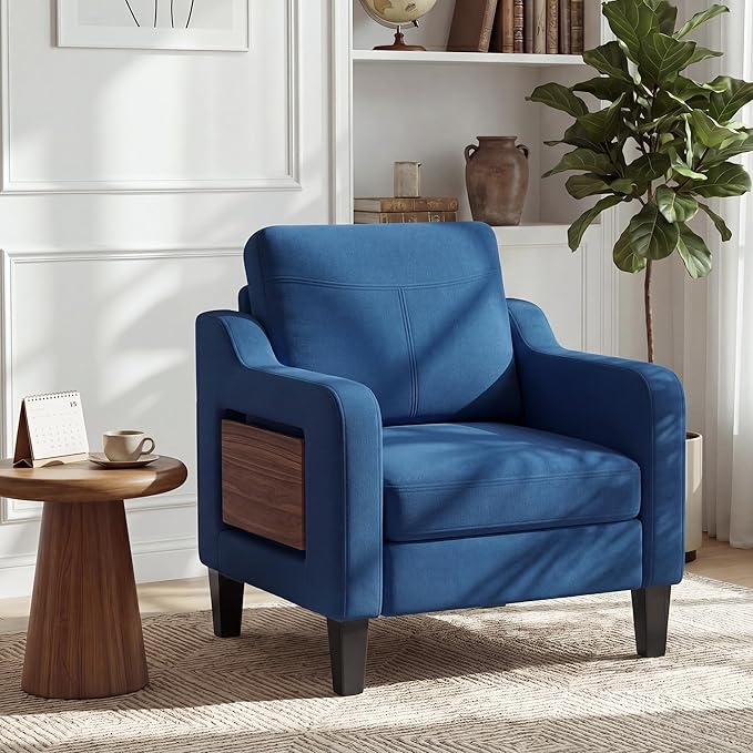 Accent Chair for Living Room, Mid-Century Upholstered Armchair with Foldable Table & 2 Side Pockets, Modern Linen Wooden Sofa Chair for Bedroom & Reading Room, Blue