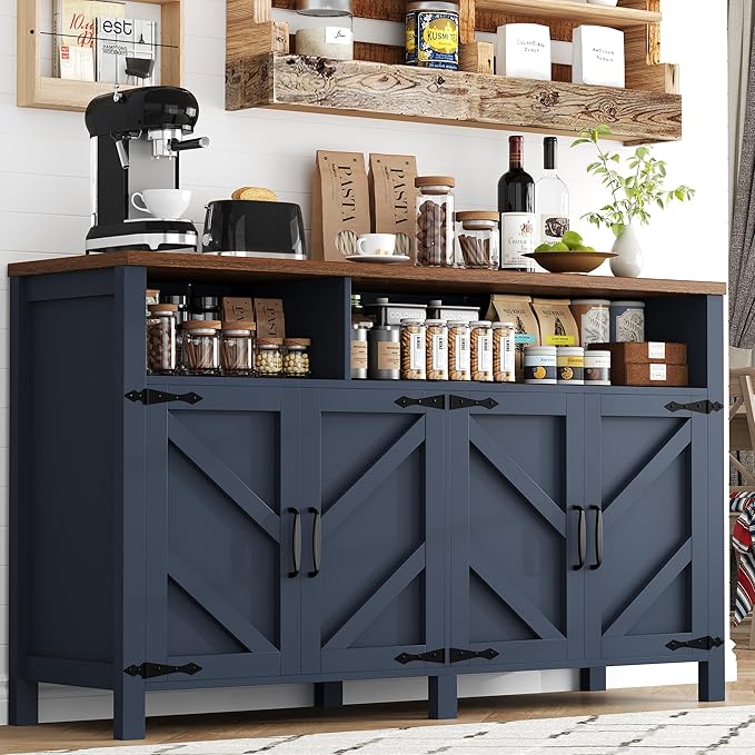 knoworld Buffet Sideboard with Storage Farmhouse with 4 Doors, 55'' Large Kitchen Storage Cabinet Wood Coffee Bar Buffet Table for Kitchen, Dining Room (Blue, 55 in)