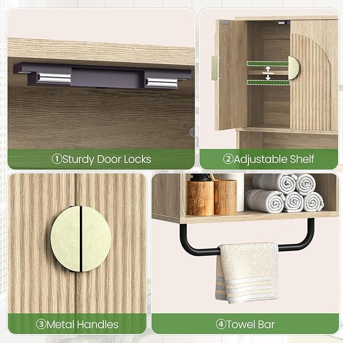 CHOEZON Bathroom Wall Cabinet, Medicine Cabinet for Bathroom, Wall Mounted Bathroom Cabinet with Towel Bar, Fluted Doors, Wall Cabinet for Bathroom, Kitchen, Living Room, Natural Oak and Gold