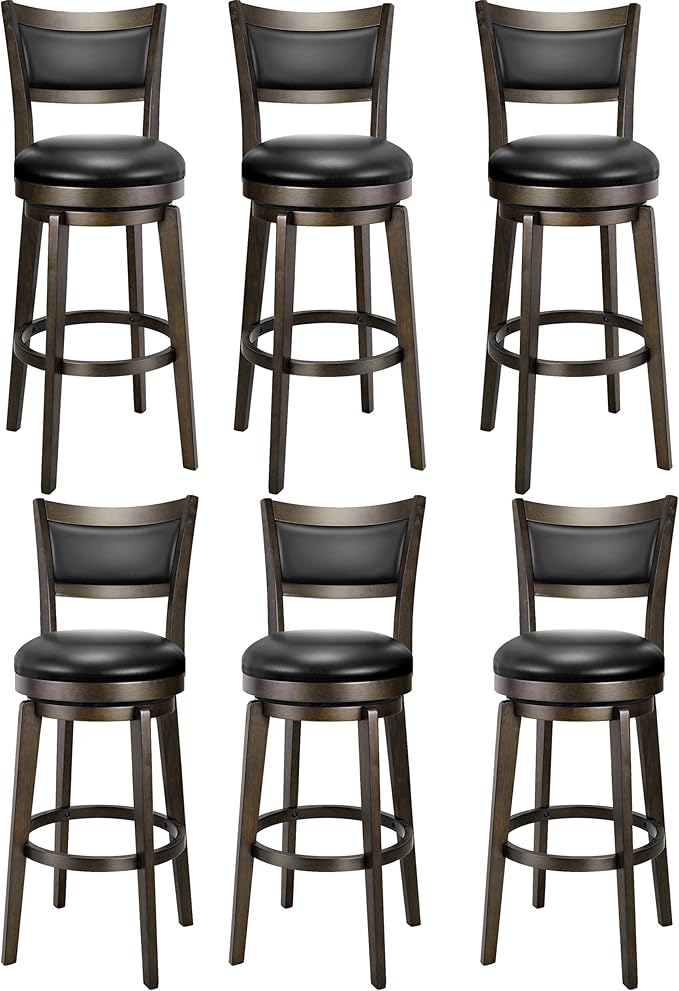 PrimeZone Swivel Bar Stools Set of 6, 30 Inch Bar Height Barstools, Black Faux Leather Bar Stool with High Backrest & Solid Wood Legs & Wrap-Around Footrest, Counter Stools for Kitchen Island, Pub