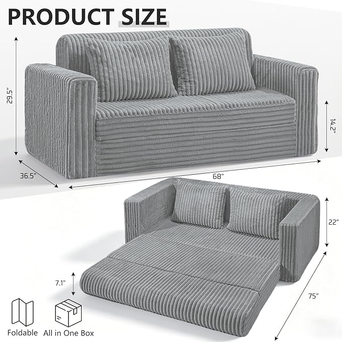 HABUTWAY 68" Loveseat Boneless Couch, 4-in-1 Convertible Sofa Bed, Plush Fur Folding Futon Sofa Bed Couches with 2 Pillows for Living Room, High-Density Foam Support, No Assembly Required, Light Grey
