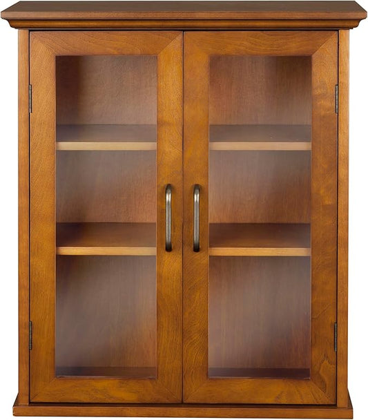 Teamson Home Avery Wooden Over The Toilet Bathroom Removable Wall Medicine Cabinet with 2 Adjustable Shelves 3 Storage Spaces 2 Glass-Paneled Doors and Antique Brass Knobs, Oiled Oak