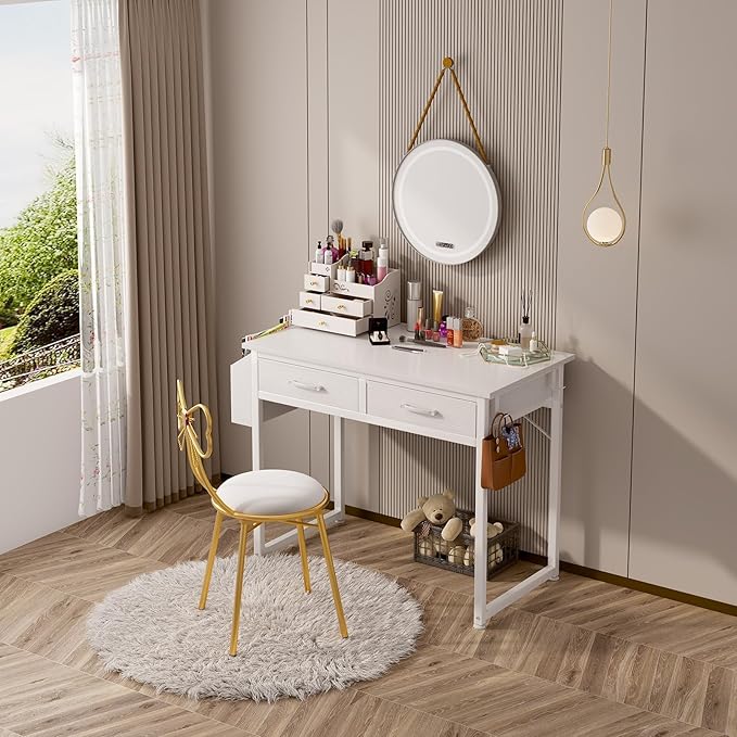 DLisiting 32 Inch Small White Desk with 2 Drawers, Study Writing Computer Desk with Storage Drawer for Bedroom Home Office, Vanity Table Without Mirror for Girls Small Spaces