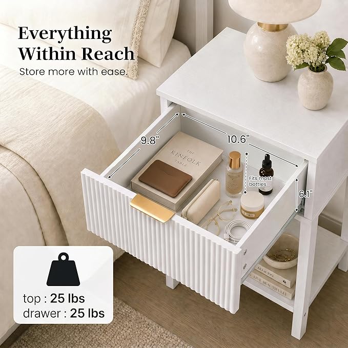 Modern Fluted Small Wood Nightstand, 11.8" Deep x 15.4" Narrow Bedside Table with Drawer & Open Shelf, Farmhouse Chic Accent Side Table for Bedroom & Sofa - White