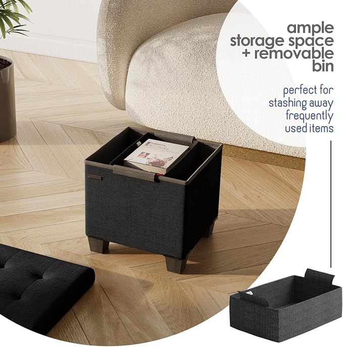 Storage Ottoman Cube with Small Bin, 15-in Square Ottoman with Storage for Living Room and Bedroom, Small Ottomans Foot Rest, Fabric Foot Stools Ottomans Max 330lbs, Black