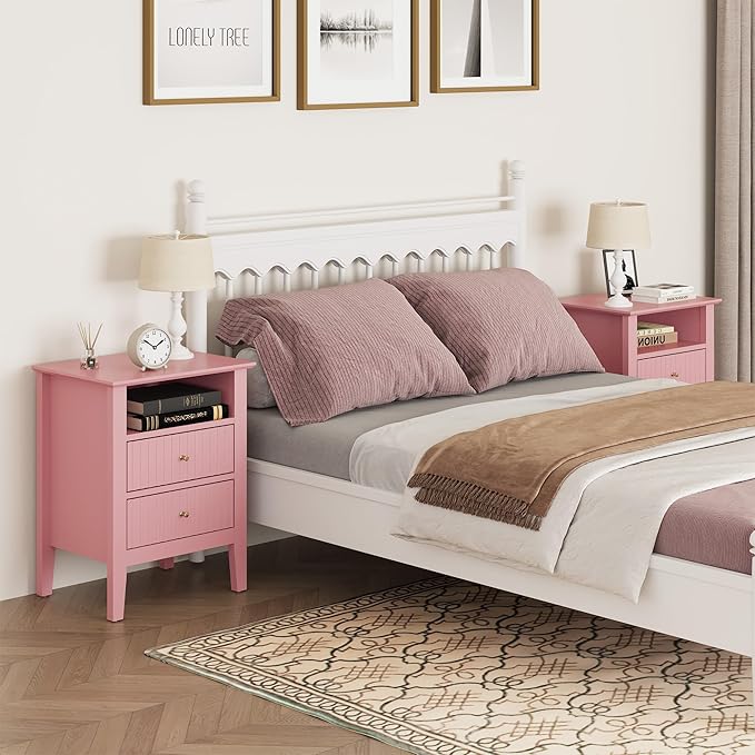 RoyalCraft Pink Fluted Nightstand Set of 2, Colorful Nightstand with 2 Drawers, Modern Wooden End Table with Storage for Small Spaces, Side Table for Bedroom, Couch, Home Office
