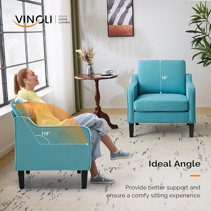 VINGLI Accent Chairs Set of 2 Blue Linen Living Room Chairs Reading Chair for Bedroom Scooped Arm Chair Mid Century Modern Accent Chair Upholstered Comfy Chair for Apartment, Waiting Room