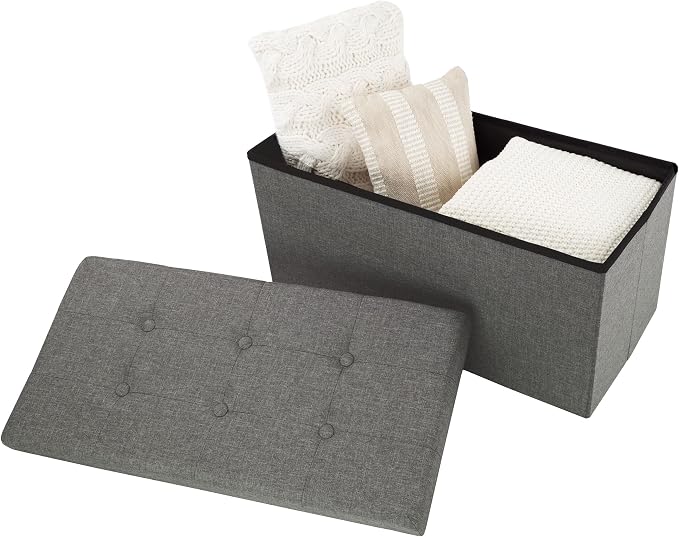 Lavish Home Folding Storage Ottoman - Set of 2 30-Inch Folding Tufted Footrest, Linen Chest, or Bench with Removable Bin for Living Room, Bedroom, or Dorm (Dark Gray)