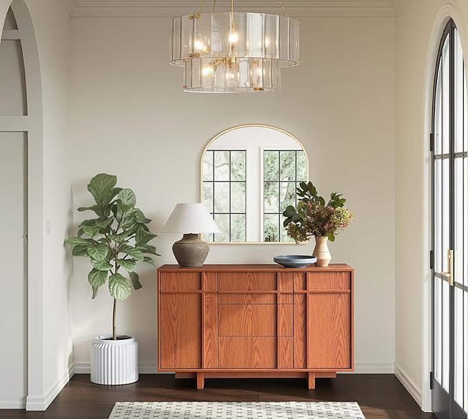 Sideboard Buffet Cabinet with Storage, 47.2" Large Sideboard with 2 Doors&3 Drawers, Mid Century Modern Credenza with Skeleton line&Wood Grain for Living Room, Kitchen and Entryway, Cherry