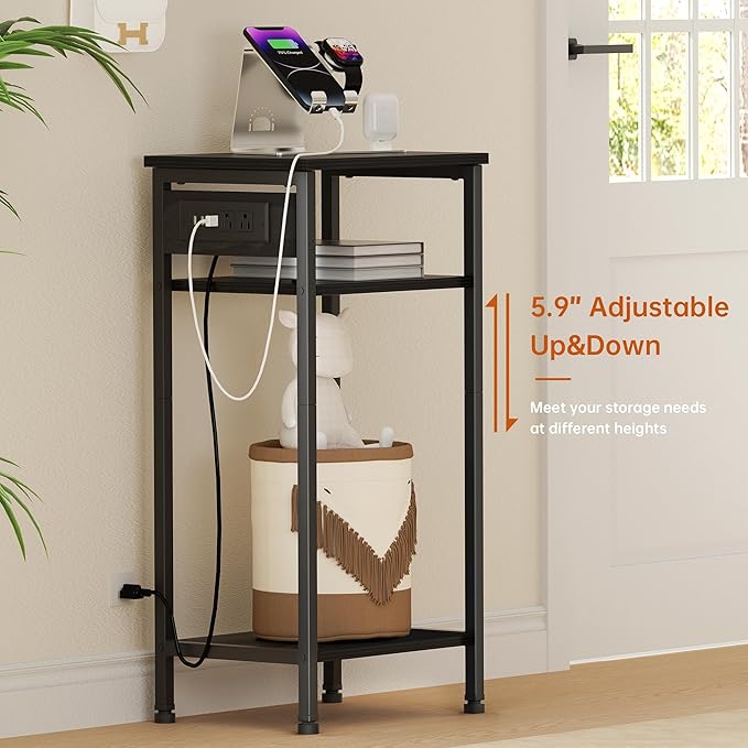 Asgolion Tall Nightstand with Charging Station, 3 Tier Narrow Tall End Table with Storage, Slim Side Table with USB Ports and Outlets for Bedroom, Living Room, Office, Black