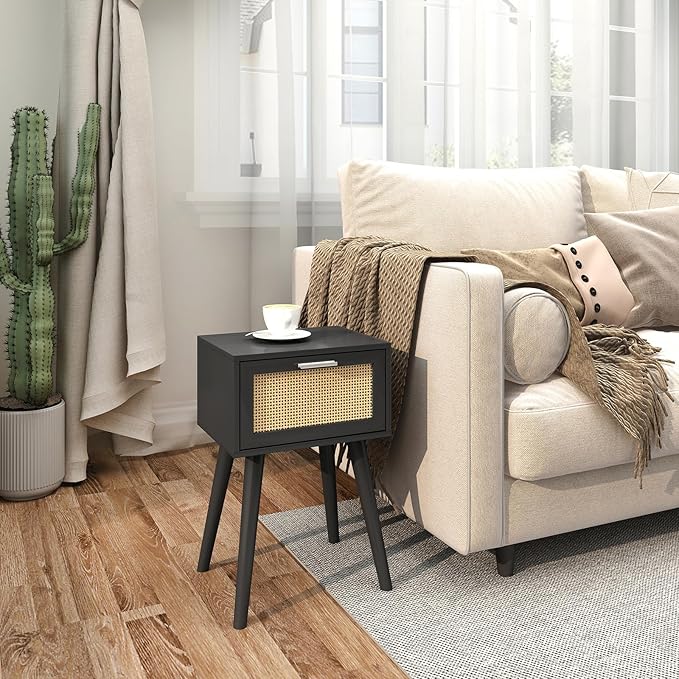 LAATOOREE Nightstand Set of 2, Small End Table with Rattan Door, Bedside Table with Solid Wood Feet, Boho Side Table for Bedroom Living Room Small Space, Black