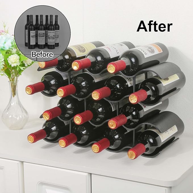 Countertop Wine Rack - 14 Bottle Freestanding Wine Bottle Holder Stand - 4 Tier Wooden Wine Storage Rack - Black Wavy Wine Organizer for Cabinet Pantry Home Kitchen Bar