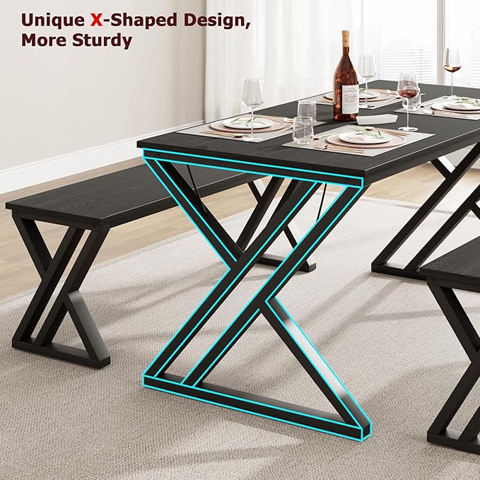 GarveeHome 55" Kitchen Table with 2 Benches, Dining Table Set for 4, Saving Space Dining Room Table Set for Kitchen, Dining Room, Apartment, Sturdy Metal Frame, Black
