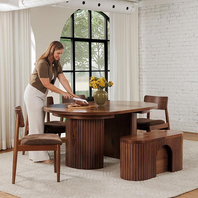 Transformer Table - Solid Wood Extendable Round Dining Table Set, Expandable Dining Table, Elegant and Functional Design, Perfect for Dining Room, Royal Brown (Table + Bench + 4 Chairs)