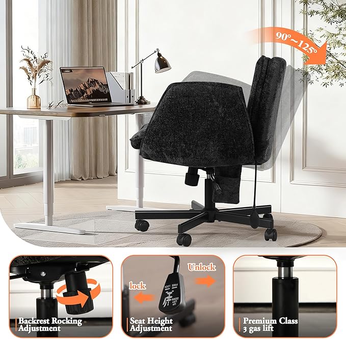 Criss Cross Chair with Lumbar Airbag & Folding Arms Relieve Back Pain, Wide Cross Legged Office Chair for Home Office, Comfy Swivel Desk Chair with Wheels, 5 Level Adjustable Armrest, Chenille(Black)