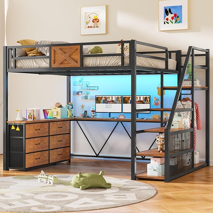 Itaar Full Size Loft Bed with Desk and Storage Stairs, Metal Loft Bed with 6 Storage Drawers, Hall Tree, LED Lights and Power Outlet, for Kids, Teens, Adults, Rustic Brown