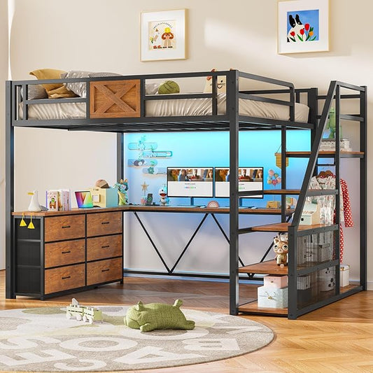 Itaar Full Size Loft Bed with Desk and Storage Stairs, Metal Loft Bed with 6 Storage Drawers, Hall Tree, LED Lights and Power Outlet, for Kids, Teens, Adults, Rustic Brown