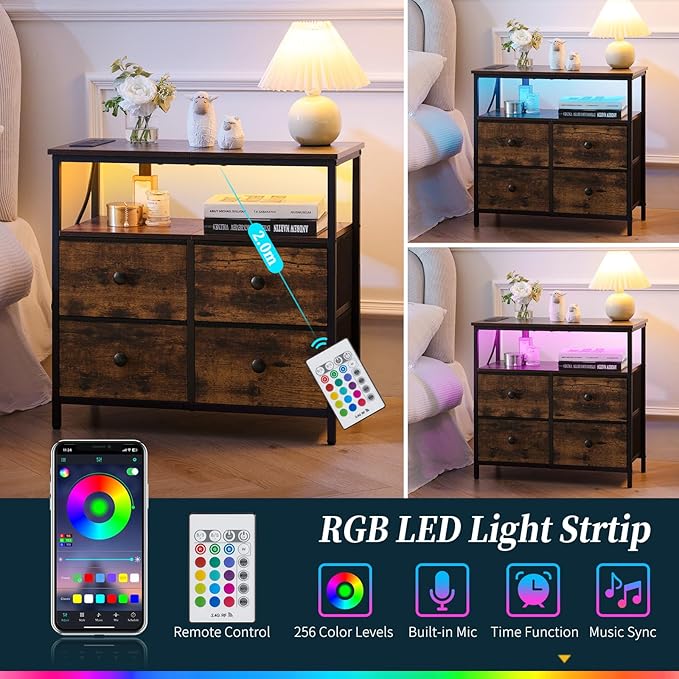 Yoobure Night Stand with Charge Station, Nightstand with 4 Drawers Bedside Table, LED Dresser with Storage Shelf, Night Stands for Bedroom, Side Table 3-Tier Wood End Table for Home Rustic Brown