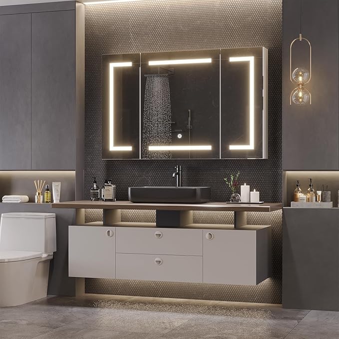 DICTAC Medicine Cabinet with Mirror and LED Light, Wall Mounted Bathroom Mirror with Storage, 3 Doors Bathroom Wall Cabinet, Memory Dimmable 3 Color Temp, Adjustable Shelves, 39.4''x23.6''