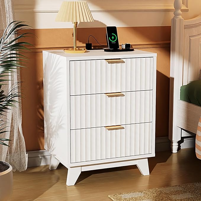 VINGLI Fluted White Nightstand with Charging Station, 3 Drawer White Night Stand Bedside Table with Drawers for Bedroom, Fluted Bedside Table/End Table/Side Table, 17.72" W*13.78" D*23.62" H, 1 pc