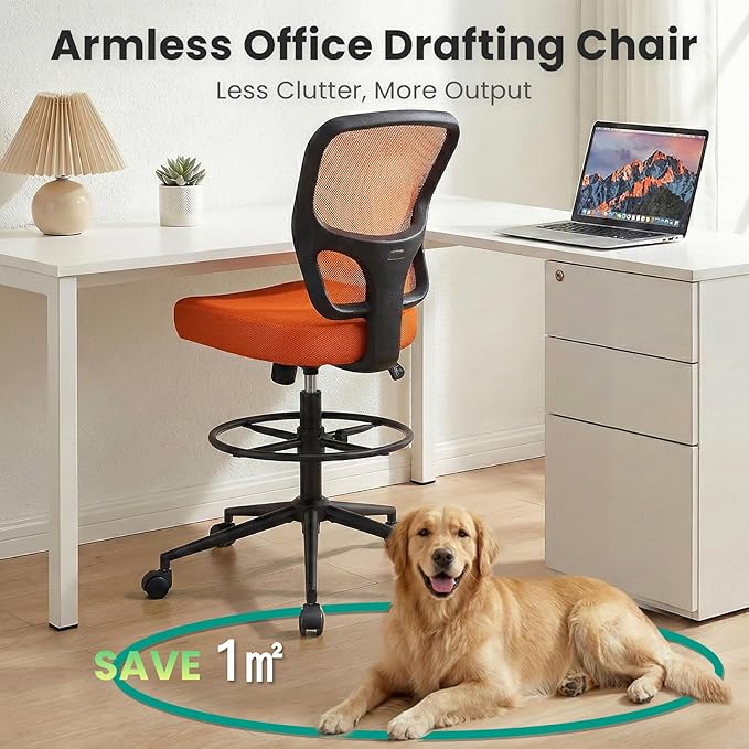Armless Drafting Chair Tall Office Chair for Standing Desk - Adjustable Height Mesh Ergonomic Drafting Stool with Foot Ring & Wheels, Rolling Counter Height Computer Chair for Home Office