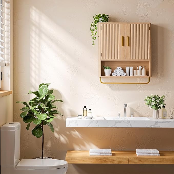 Memobarco Bathroom Wall Cabinet, Medicine Cabinet with Fluted Door & Adjustable Shelf, Over the Toilet Storage Cabinet with Towel Bar, Cabinet Wall Mount for Laundry Room & Kitchen, Wood