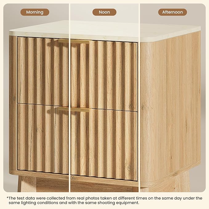 Fluted Nightstand Set of 2,Modern End Table with Faux Marble Top,2 Storage Drawers Side Table,Bedside Table for Bedroom, Living Room,Curved Profile Design Furniture,Natural Oak