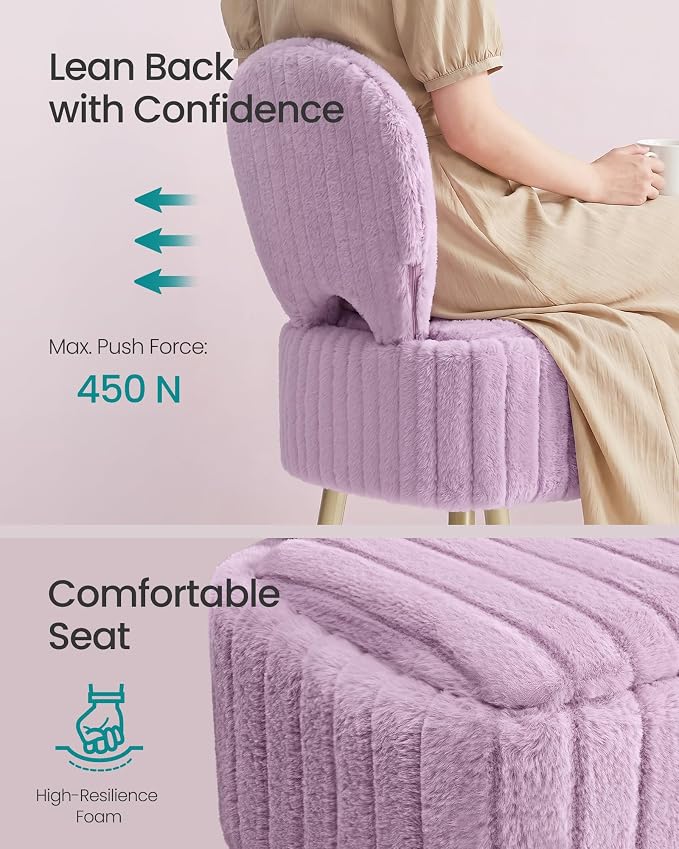 SONGMICS Small Vanity Chair with Storage and Folding Back, Vanity Stool, Footrest Footstool Ottoman, Dressing Table Stool, Furry Padded Seat, for Makeup Room, Bedroom, Light Lilac ULOM532PE01