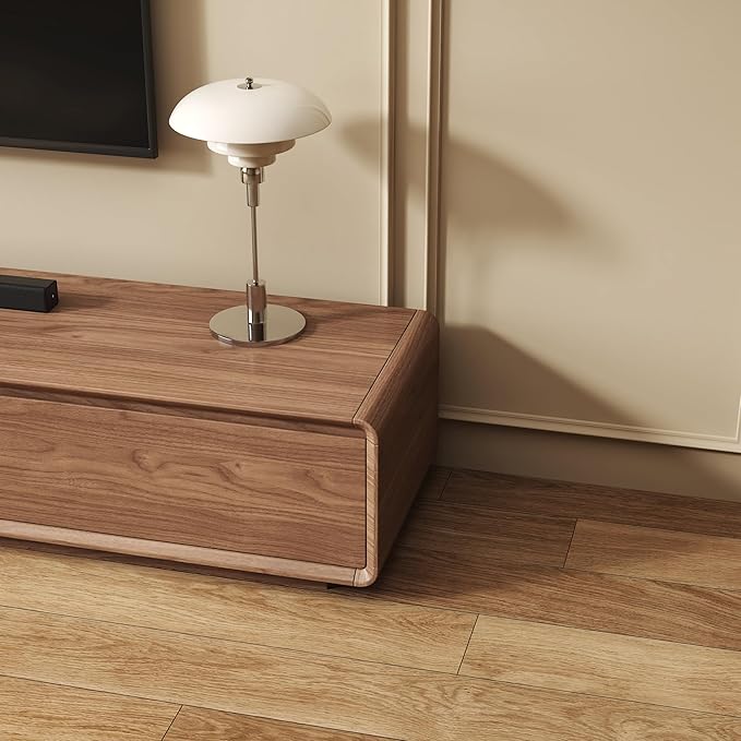 Wood Base TV Stand, Mid-Century Modern Media Console with 3 Storage Drawers, Fits 65–100 Inch TVs, Low Profile Entertainment Center for Living Room(Walnut, 94.49", Floor Standing (Wood Base))