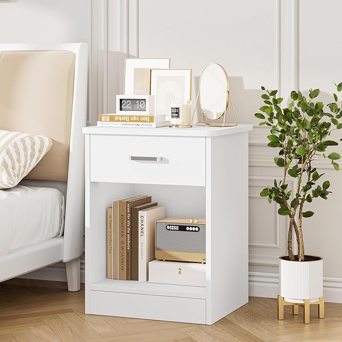 FOTOSOK Nightstand, 2-Tier Side Table with Drawer and Storage Shelf, Bedside Table End Table, Modern Night Stand for Bedroom, Home Office, White