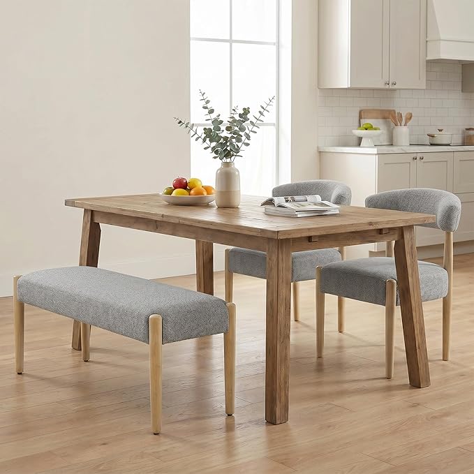 VKNOW Upholstered Dining Room Set for 6, Mid-Century Modern Dining Chairs Set of 4 and Dining Bench with Rubberwood Legs, for Dining Room, Living Room, Kitchen, Gray
