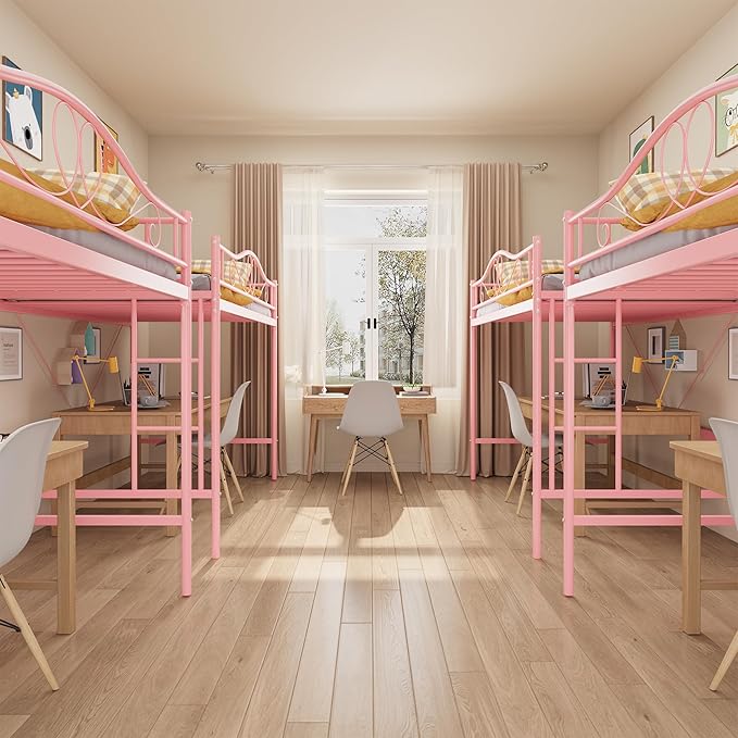IDEALHOUSE Loft Bed Twin Size with Ladder & Full Safety Guardrail, Heavy Duty Metal Twin Loft Bed 400 Lbs Load Capacity, Space-Saving, Noise Free, No Box Spring Needed, Easy Assembly, Pink