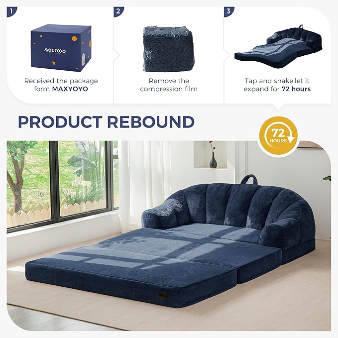 MAXYOYO Folding Sofa Bed, 2 in 1 Convertible Sofa to Lounger Comfy Loveseat Bean Bag Chair for Adults, Floor Sleeper Couch with Handle, Faux Fur Couch Bed for Living Room Bedroom, Navy, Loveseat