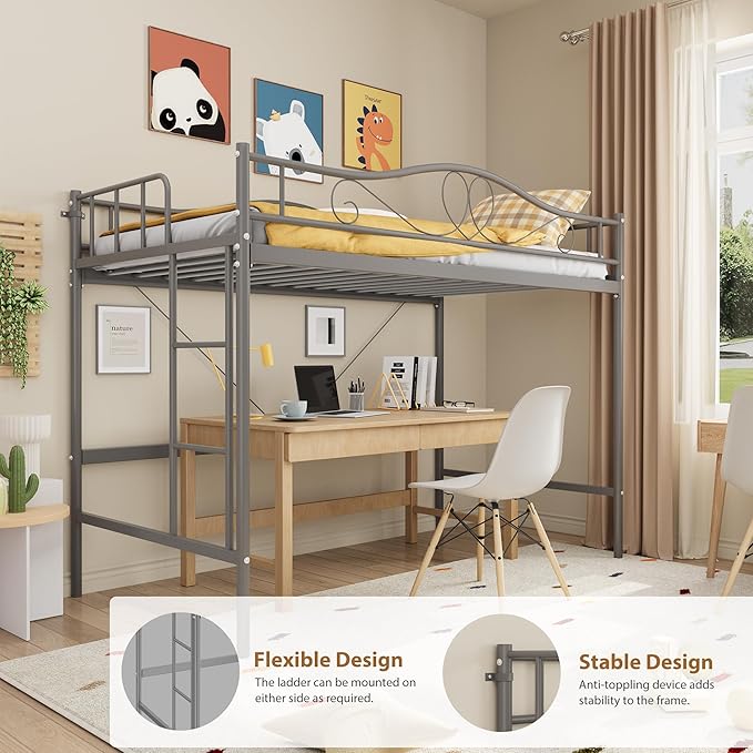 IDEALHOUSE Loft Bed Twin Size with Ladder & Full Safety Guardrail, Heavy Duty Metal Twin Loft Bed 400 Lbs Load Capacity, Space-Saving, Noise Free, No Box Spring Needed, Easy Assembly, Grey
