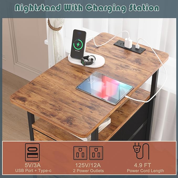 sthmec End Table with Charging Station,LED Side Tables with USB Ports and Outlets,Narrow Nightstands Bedside Tables with 3 Fabric Drawers for Small Space,Slim Sofa Table for Livingroom, Rustic Brown