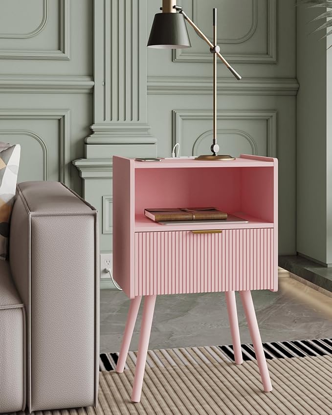 Veegle Nightstand,Modern Bedside Table with Storage Drawer and Open Wood Shelf, Accent Night Stand with Solid Wood Legs for Living Room, Bedroom and Small Spaces,Easy Assembly (Pink-Outlet)