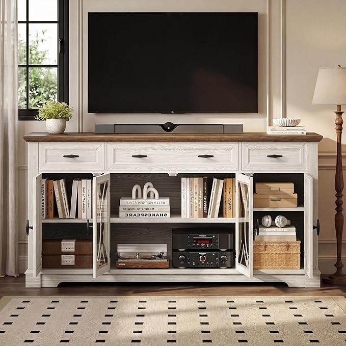 Einhomn 64" Farmhouse Sideboard Cabinet with 3 Drawers and 4 Doors, Buffet Cabinet with Adjustable Shelves and Curved Glass Doors, Large Storage Cabinet for Dining Room, Living Room, Kitchen,White