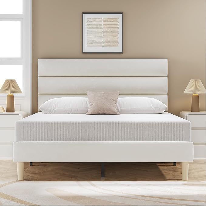Fluest Full Bed Frame, Platform Bed Frame with Velvet Upholstered Headboard, No Box Spring Needed, Sturdy Metal Support, Noise Free, Easy Assembly, Modern Bedroom Furniture, Beige
