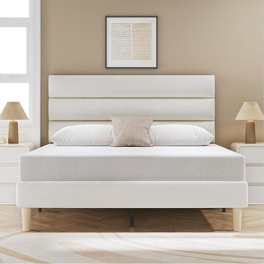 Fluest Full Bed Frame, Platform Bed Frame with Velvet Upholstered Headboard, No Box Spring Needed, Sturdy Metal Support, Noise Free, Easy Assembly, Modern Bedroom Furniture, Beige