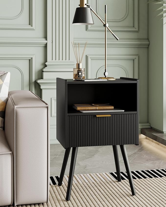 Veegle Nightstand,Modern Bedside Table with Storage Drawer and Open Wood Shelf, Accent Night Stand with Solid Wood Legs for Living Room, Bedroom and Small Spaces,Easy Assembly (Black)