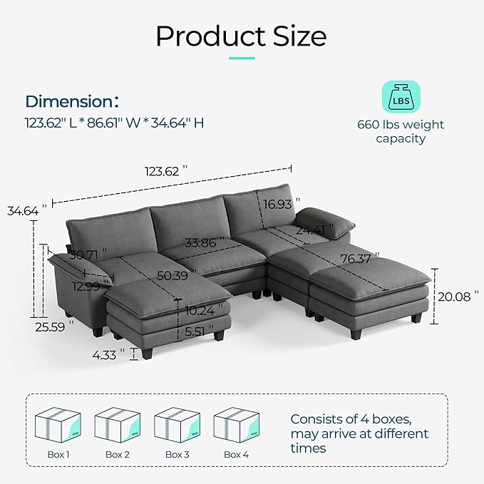 LINSY HOME 123" Modular Sectional Sofa, 3-Seat Corduroy Modern Cloud Couch with Deep Seat & 3 Movable Ottoman, Perfect for Living Room, Office, Bedroom, Grey