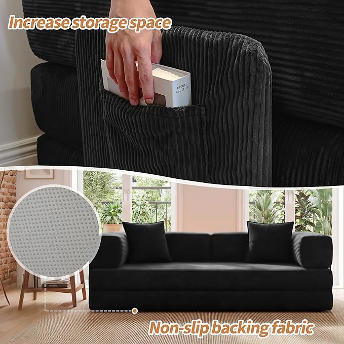 78.8" Convertible Sofa Bed with Armrest Pillow, 4-in-1 Sleeper Couch Bed for Livingroom, Modular Corduroy Boneless couches, No Assembly (Black)