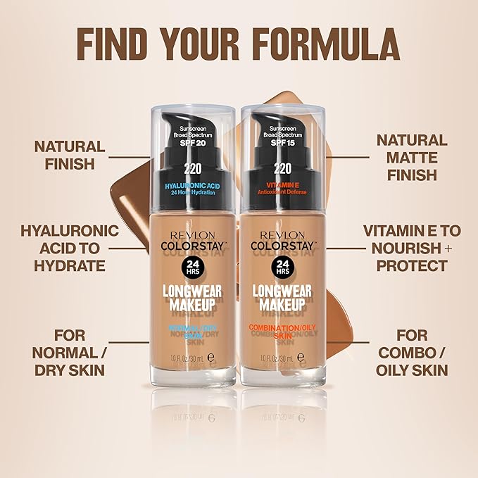 Revlon Liquid Foundation, ColorStay Face Makeup for Normal & Dry Skin, SPF 20, Longwear Medium-Full Coverage with Natural Finish, 330 Natural Tan, 1 Fl Oz