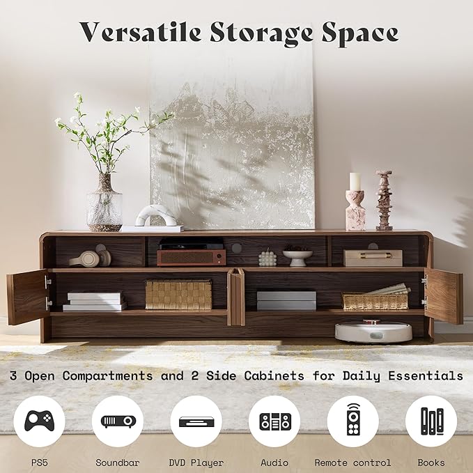 AMERLIFE 70" Fluted Wood TV Stand for TVs up to 80", Media Console Entertainment Center with Storage Cabinets for Living Room, Brown