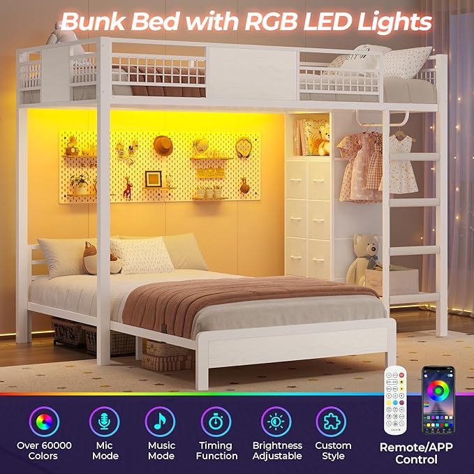 ADORNEVE Bunk Bed Twin Over Twin Size with 8 Storage Drawers, Twin Bunk Beds with Led Lights & Storage Shelves, Metal Loft Bed with 13.4" H Safety Guardrail & Ladder, for Kids & Teens, White