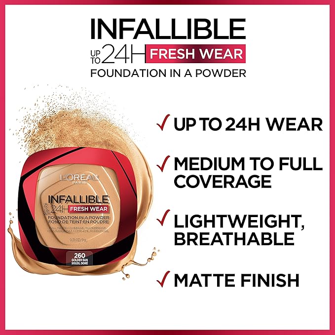 L'Oreal Paris Makeup Infallible Fresh Wear Foundation in a Powder, Up to 24H Wear, Waterproof, Copper, 0.31 oz. (Packaging May Vary)