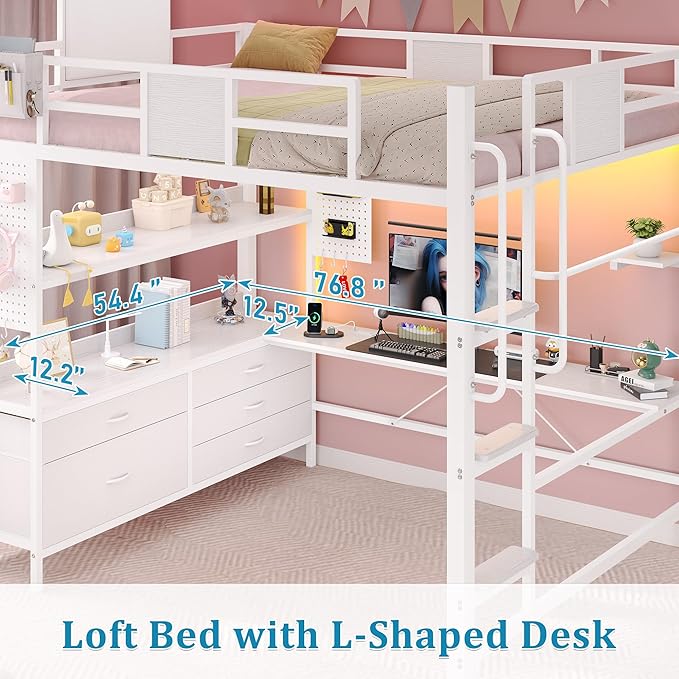 Loft Bed with Desk,Full Size Loft bed with 5 Drawers & 3 Open Shelves and & Clothing Rack,Loft Bed Full Size with Charging Station &LED Light & Thickened Tread Stairs for Adults/Kids/Young Teens,White