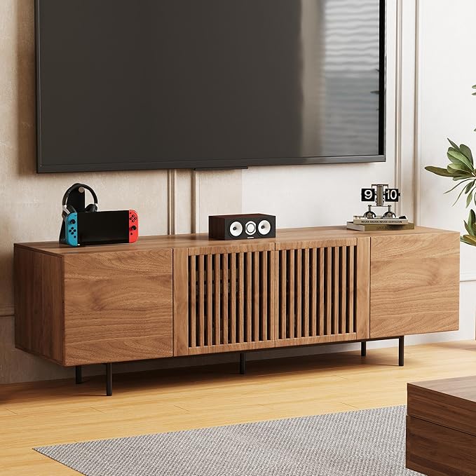 70.87" Mid Century Modern TV Stand, Walnut Media Console for 70 Inch TVs, Entertainment Cabinet with 4 Storage Compartments for Living Room or Bedroom