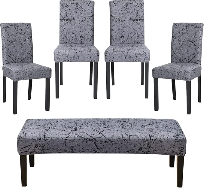FORCHEER Dining Room Chair Covers Set of 4 with 1 PC Bench Cover Stretch Washable Printed Chair Slipcover for Parsons Removable Chair Protector （Printed Color 9）